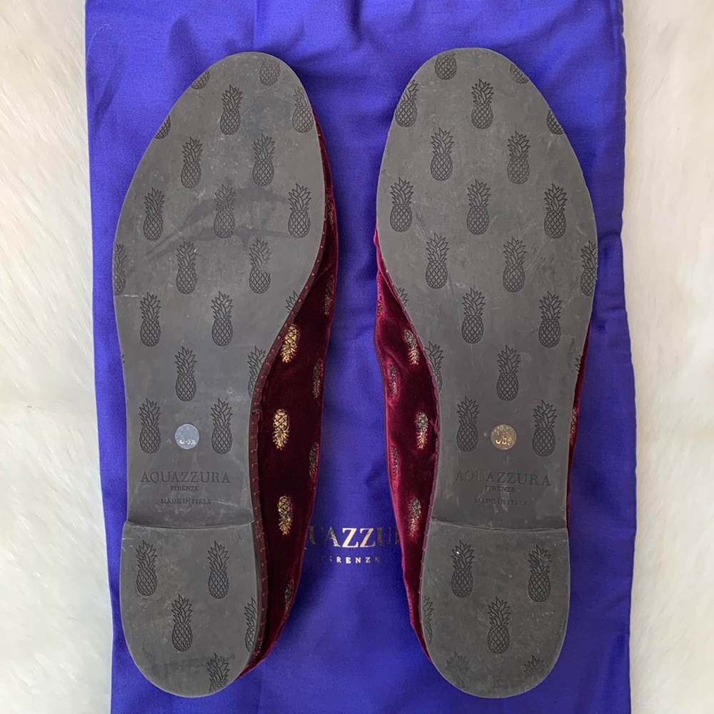 Aquazzura Maroon Velvet Embroidered Golden Pineapple Print Slip-On Ballet Flats - Picture 13 of 15